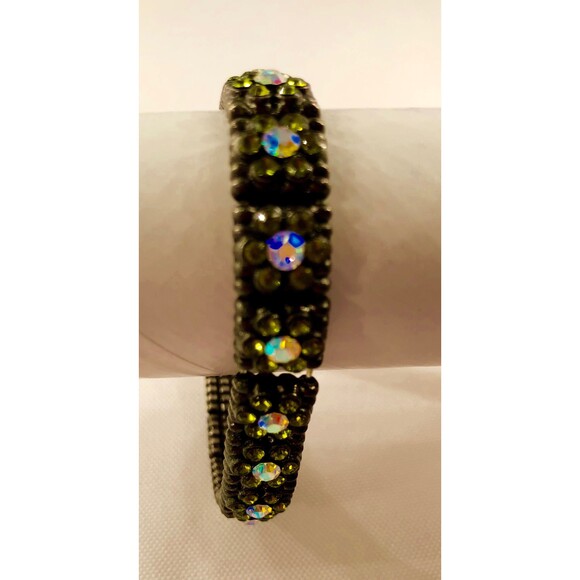 Vintage Aurora Borealis & Green Rhinestone on Black/Bronze Tone Stretch Bracelet - Picture 2 of 5